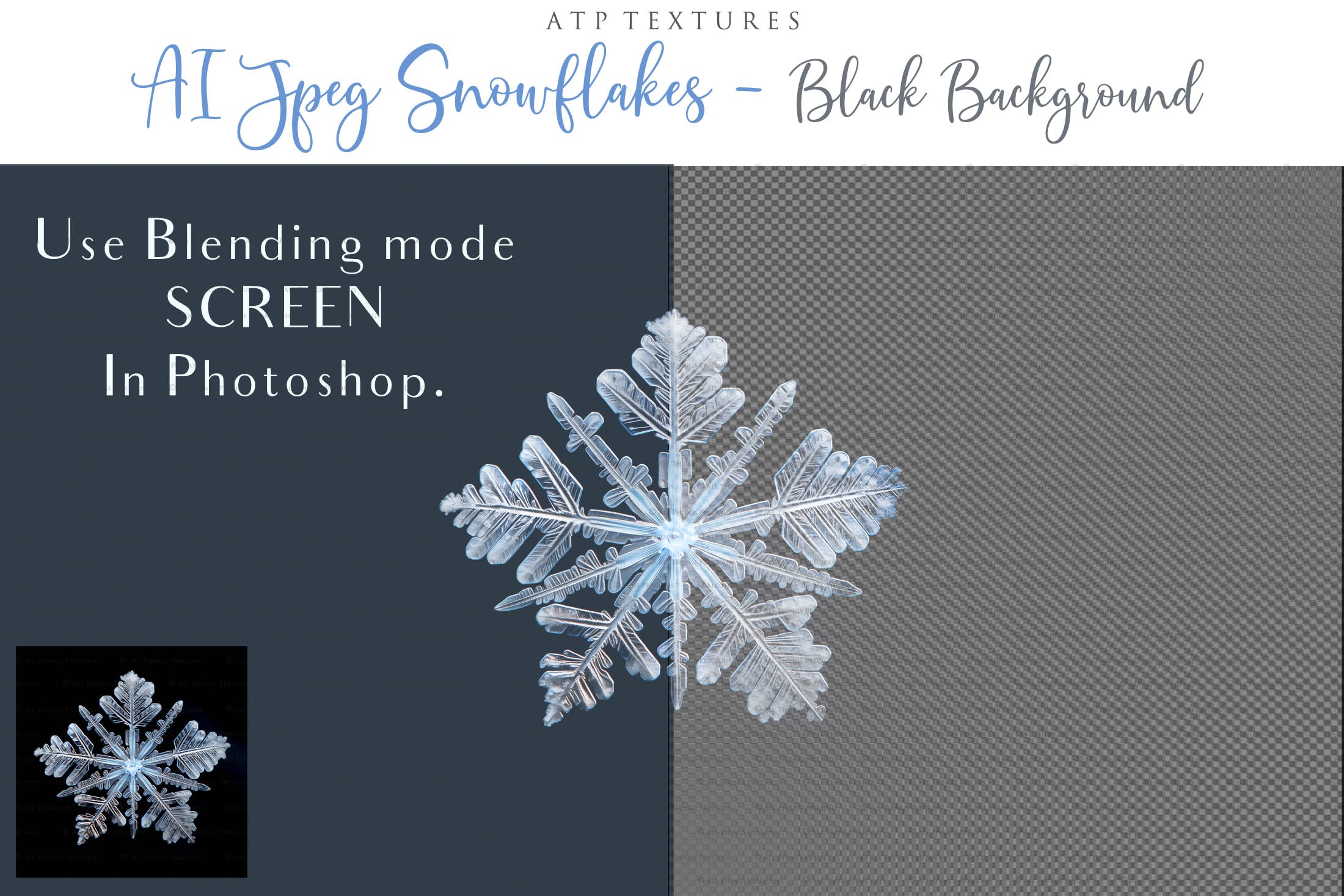Real Snowflake Overlays & Brushes! A gorgeous addition to your beautiful photography, scrapbooking or digital art work! This set includes 60 Png Overlays 60 Jpeg Overlays 80 Photoshop brushes Instructions are included. All PNG overlays are 300dpi in high resolution.